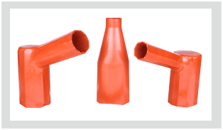 Three orange-red moulded insulating boots on white: two angled profiles either side of a straight bottle profile