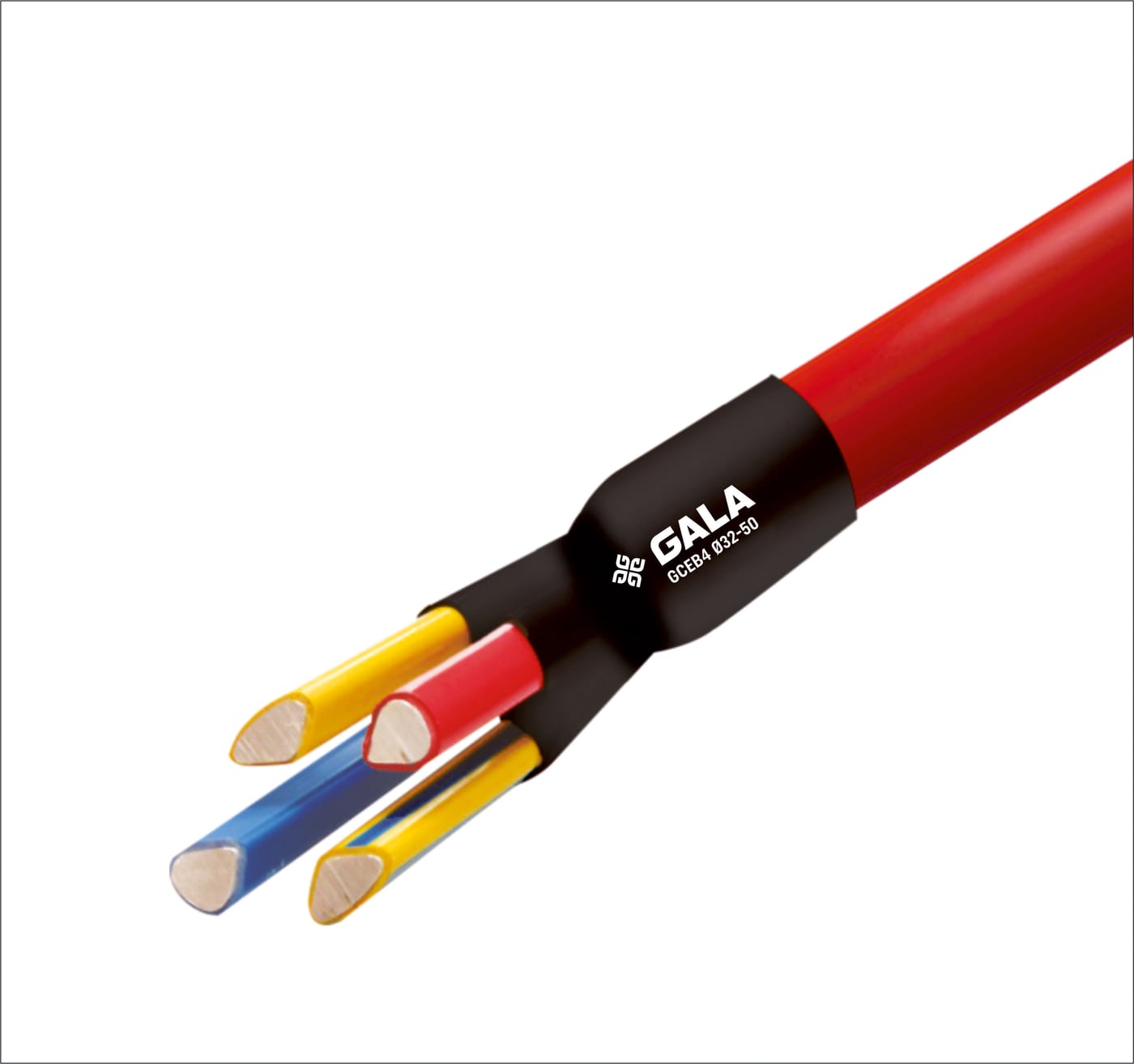 A black cold shrink breakout marked GCEB4 Ø32-50 recovered onto the end of a red four-core cable, its body tapering into four short fingers over yellow, red, blue and yellow-blue cores.