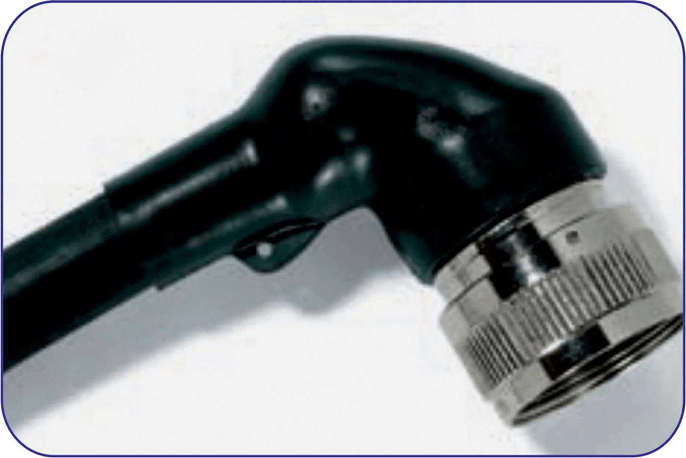 Black right-angle heat shrink boot recovered over a circular metal connector shell, with the cable leaving at ninety degrees