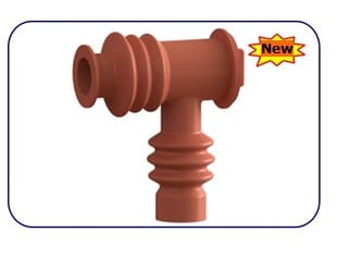 Moulded rubber insulating boot in terracotta, a tee shape with a deeply ribbed bushing opening at one end, a plain bore at the other and a ribbed cable opening below