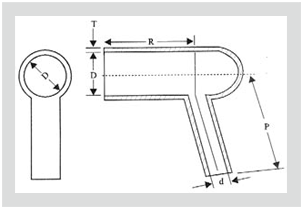 Manufacturer's line drawing of the right angle boot. The tube turns through 90 degrees, marked with internal diameter D and wall thickness T at the wide end, internal diameter d at the branch, and the lengths R and P